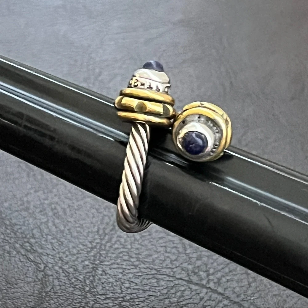Vintage Taxco Mexico sterling silver brass and lapis cable bypass ring